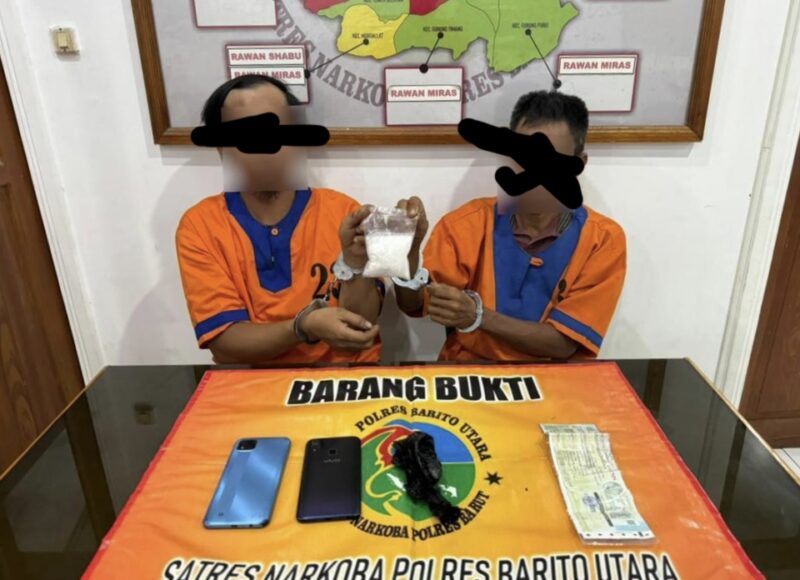 Sat Resnarkoba Polres Barito Utara membekuk dua tersangka pengedar sabu, Ian dan Supian, Senin 1 Januari 2024.(ist)
