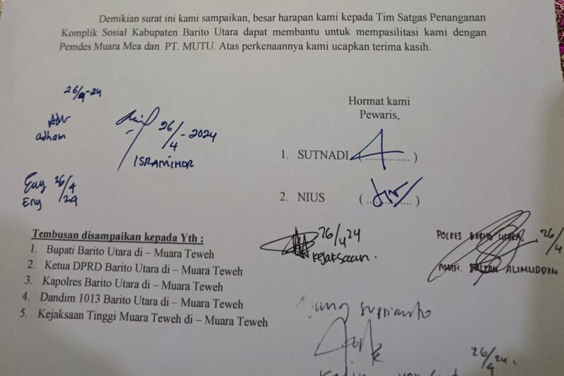 Surat dari Sutnadi, selaku pewaris tanah di Desa Muara Mea kepada tim Penganan Konflik Sosial (PKS) Kabupaten Barito Utara.(Tegaklurus.net/melki) 