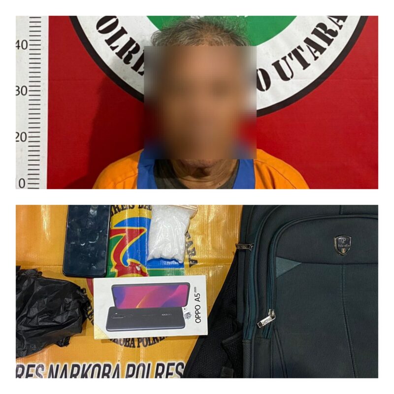 Tersangka kasus narkoba, MB alias Julak (61) dan ransel tempat sabu disembunyikan.(dok : Satresnarkoba Polres Barito Utara)