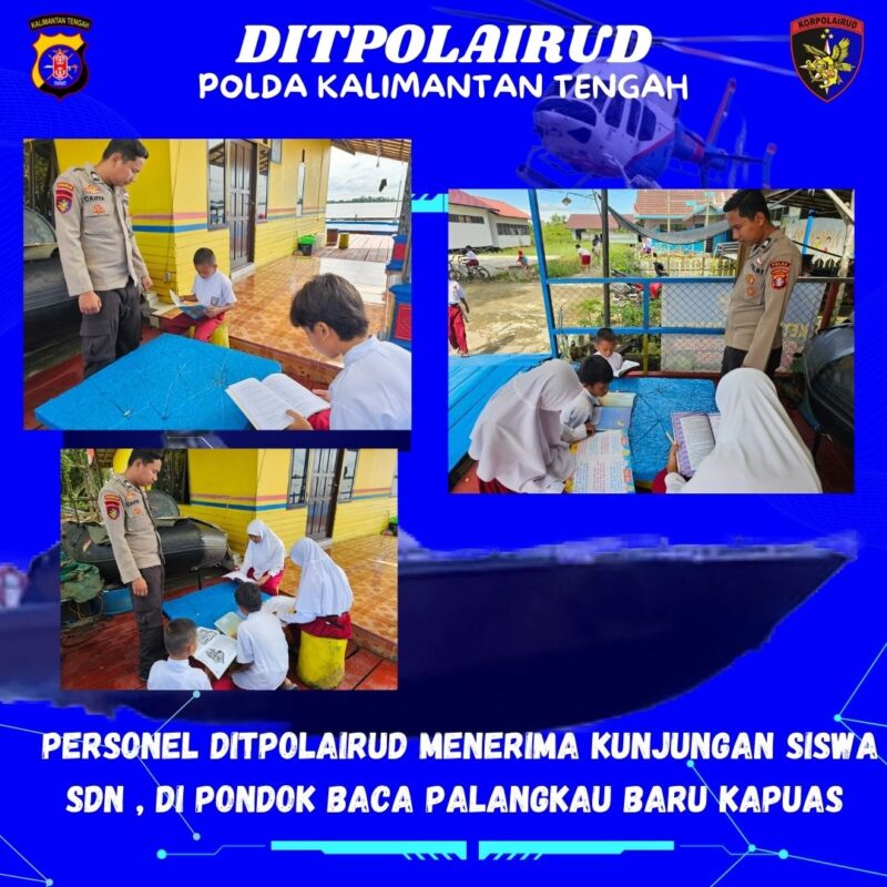 Para murid SD wilayah Palangkau Baru, Kabupaten Kapuas, mengunjungi pondok baca Ditpolairud, Rabu, 26 Februari 2025.(dok : Ditpolairud Polda Kalteng) 