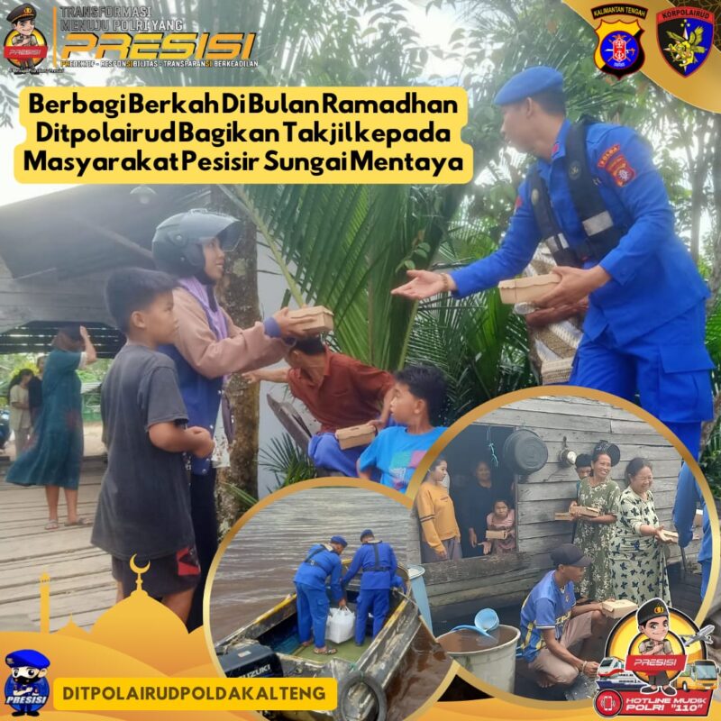 Ditpolairud Polda Kalteng melalui jajaran Kapal Polisi XVIII-2006, berbagi takjil kepada masyarakat di Daerah Aliran Sungai (DAS) Mentaya, Sampit, Kabupaten Kotawaringin Timur, Kalteng, pada hari Sabtu, 29 Maret 2025 sore.(ist : Ditpolairud Polda Kalteng) 
