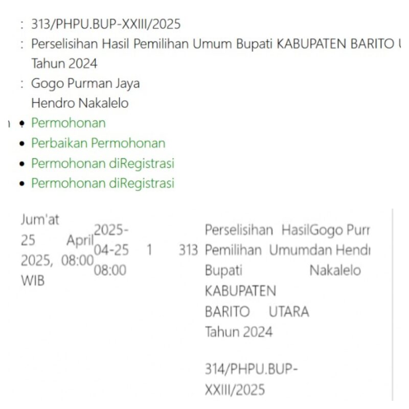 Tanda registrasi atau catatan resmi dan jadwal sidang perdana di Mahkamah Konstitusi atau MK.(ist : tegaklurus.net)