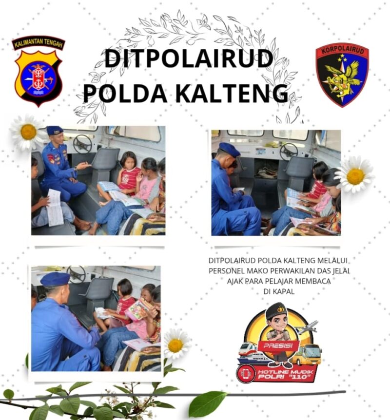 Ditpolairud Polda Kalteng, melalui Personel Mako Perwakilan DAS Jelai mengajak para pelajar untuk membaca di  perpustakaan terapung di Kabupaten Sukamara, Kalteng, Kamis, 10 April 2025.(ist : Ditpolairud Polda Kalteng) 