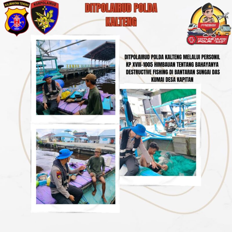 Ditpolairud Polda Kalteng melalui personel Mako Perwakilan KP XVIII-1005 DAS Kumai Desa Kapitan, melaksanakan KRYD edukasi dan penyuluhan (binluh) kepada masyarakat Kabulapaten Kotawaringin Barat, Kalimantan i Tengah tentang bahaya destructive fishing, Rabu, 16 April 2025.(ist/Ditpolairud Polda Kalteng) 