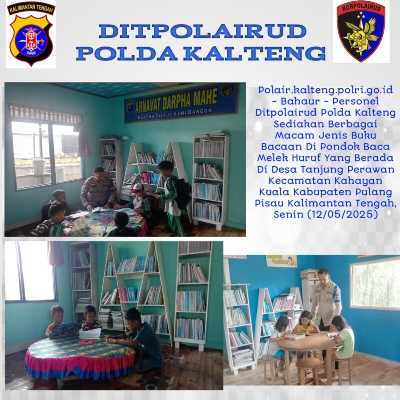 Anak-anak pesisir memanfaatkan, Pondok Baca Melek Huruf (PBMH) di Mako Perwakilan DAS Kahayan Bahaur, Desa Tanjung Perawan, Kecamatan Kahayan Kuala, Kabupaten Pulang Pisau, Kalimantan Tengah, Senin, 12 Mei 2025.(ist : Ditpolairud Polda Kalteng)