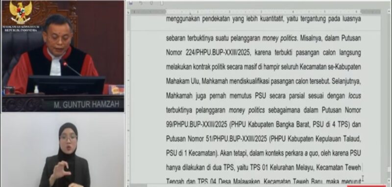 Majelis hakim Mahkamah Konstitusi (MK), memutuskan mendiskualifikasi dua pasangan calon (paslon) bupati dan wakil bupati Barito Utara, Rabu, 14 Mei 2025.(Tangkapan layar Youtube MK RI) 