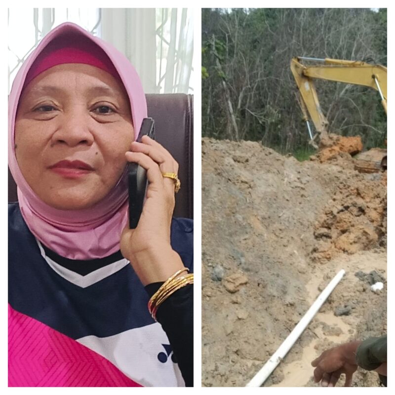 Plt Kadis Lingkungan Hidup Kabupaten Barito Utara, drg Dwi Agus Setijowati (kiri). Awal penanaman pipa kondensat di Kecamatan Lahei, Kabupaten Barito Utara (kanan).(ist : tegaklurus.net)
