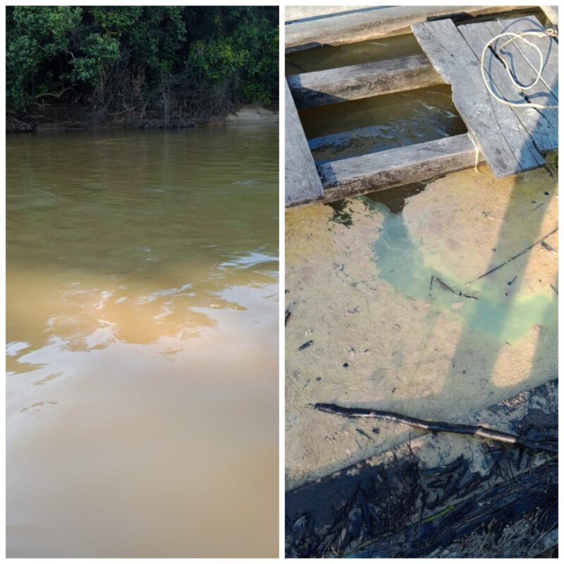 Pipa kondensat milik PT Mirah Ganal Energi (MGE) di Desa Bengahon, Kabupaten Barito Utara, Kalimantan Tengah, diduga bocor. Cairan kondensat terlihat jelas di sungai. Air pun berubah menjadi berwarna kehijauan.(ist : Hairil/tegaklurus.net)