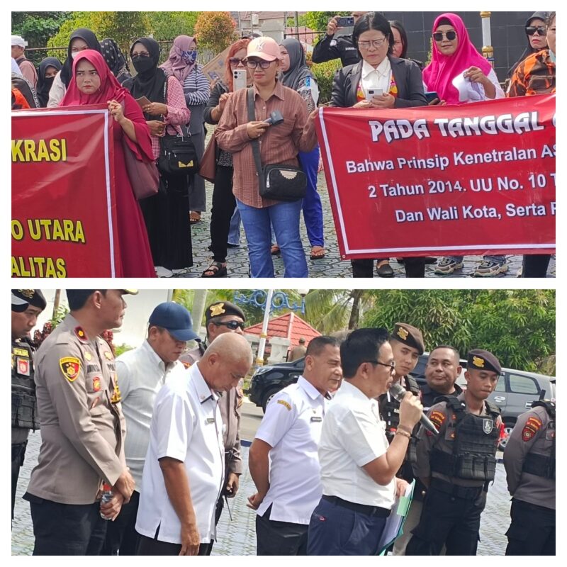 Kelompok Aliansi Masyarakat Peduli Demokrasi (APMD) berdemo menuntut ASN dan perangkat daerah netral (atas).
Asisten Sekda Barito Utara Bidang Pemerintahan, Eveready Noor (bawah).(melki/tegaklurus.net)