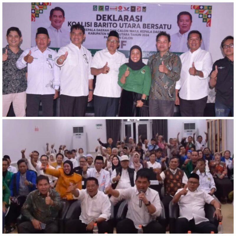 Koalisi sembilan partai politik (parpol) bernama Barito Utara Bersatu, mendeklarasikan dukungan terhadap bakal paslon, Shalahuddin dan Felix Sonadie Y Tingan (S1F) di Muara Teweh, Sabtu, 14 Juni 2025 malam.(ist : tegaklurus.net)