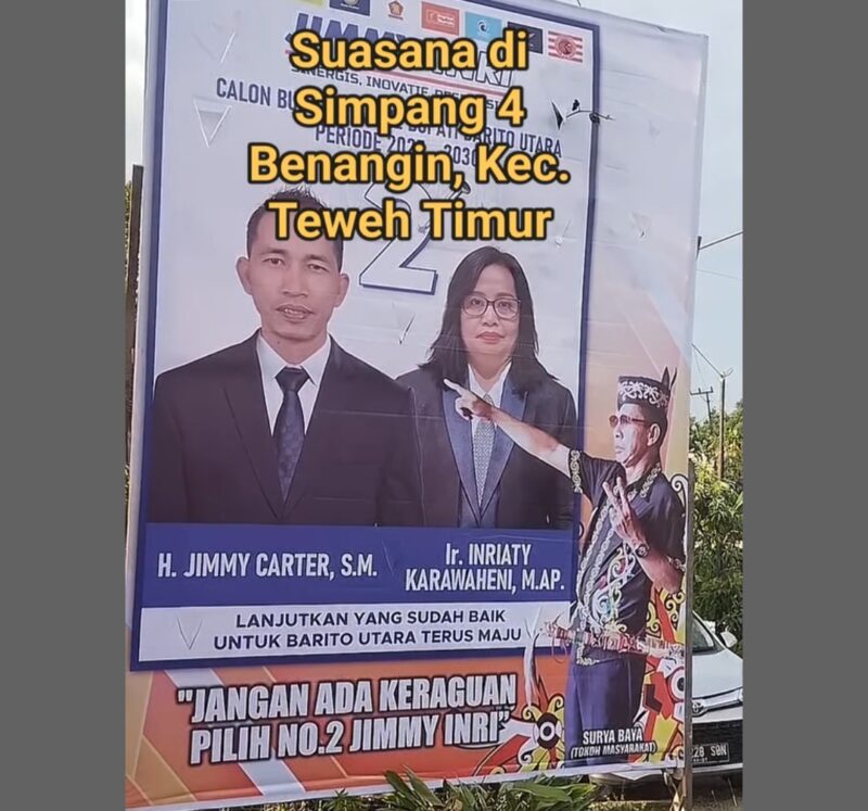 Baliho raksasa bergambar paslon urut 2 Jimmy-Inry ditambah dengan foto Suria Baya  di latar depan.(tangkapan layar FB Moses) 