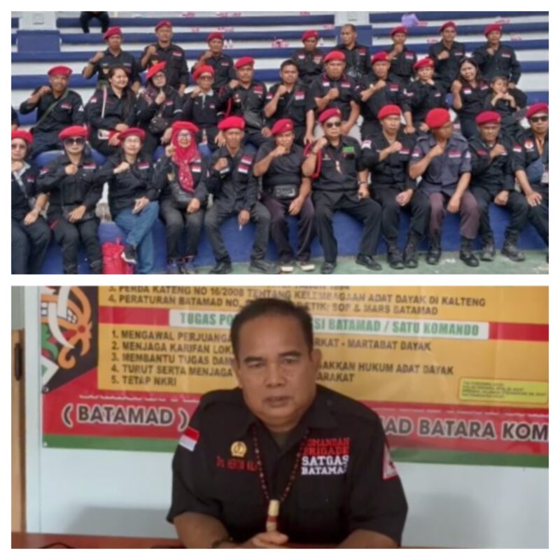 Pasukan Barisan Pertahanan Masyarakat Adat Dayak (Batamad) Kabupaten Barito Utara (atas).
Komandan Batamad Hertin Kilat (bawah).(ist : tegaklurus.net) 