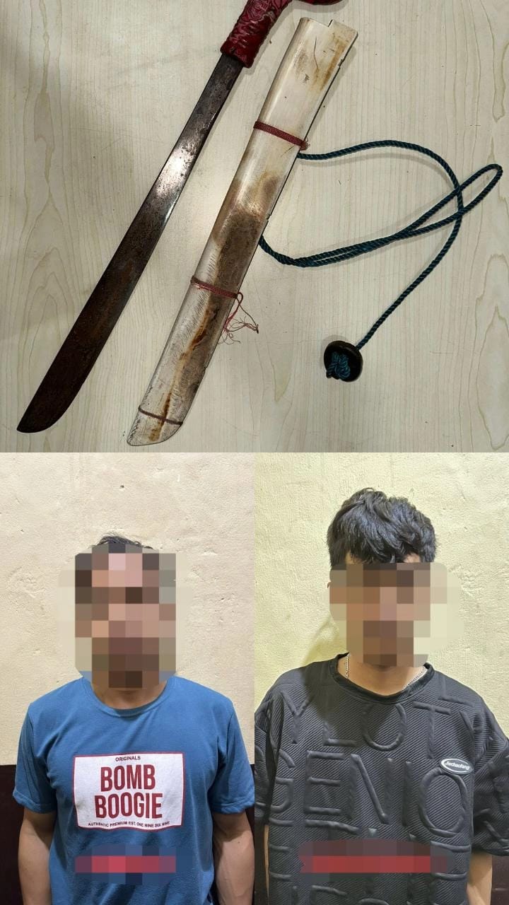 Barang bukti senjata tajam (atas).
Para tersangka, yakni I dan S (bawah). (ist : Humas Polres Barito Utara)