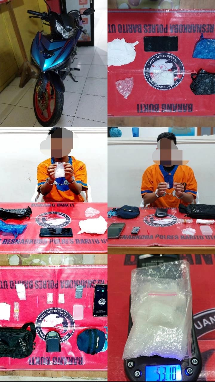 Dua tersangka berinisial SF (33) dan ZK (28) bersama beberapa barang bukti kejahatan narkoba.(ist : Humas Polres Barito Utara) 