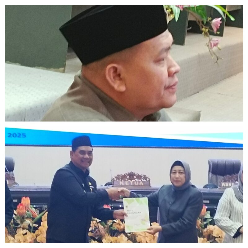 Juri bicara F-PKB Suhendra (atas). 
Ketua DPRD Barito Utara, Mery Rukaini, menyerahkan pemandangan umum fraksi kepada Bupati Shalahuddin, Jumat, 21 November 2025 bawah).(hersan/tegak lurus.net) 
