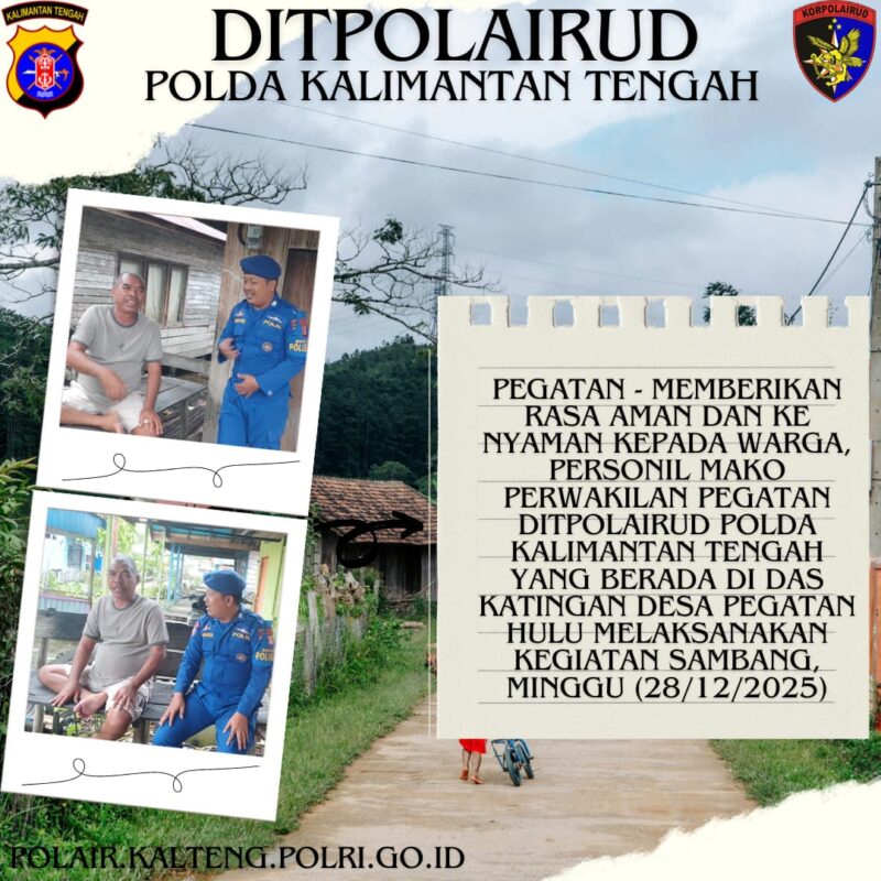 Personel Mako Perwakilan Pegatan Ditpolairud Polda Kalteng, mengunjungi masyarakat Desa Pegatan Hulu, Katingan, Minggu, 28 Desember 2025.(Foto : Ditpolairud Polda Kalteng)