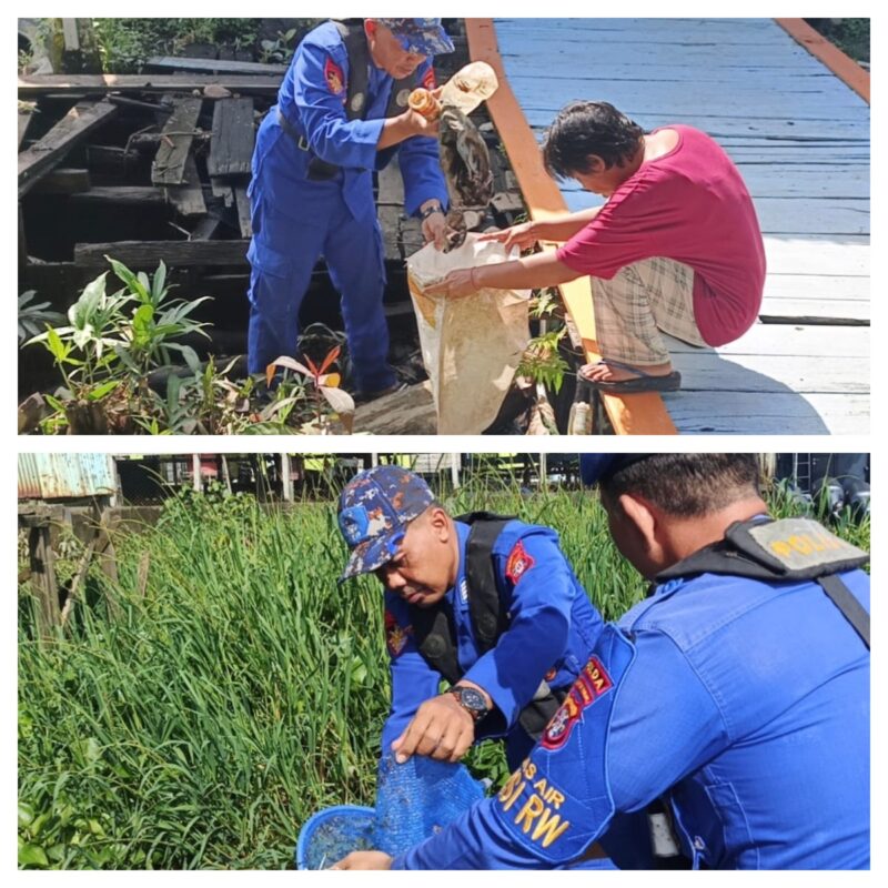 Ditpolairud Polda Kalteng melalui KP XVIII-1004 bersama warga melakukan kegiatan sapu bersih sampah sungai dan lingkungan di pinggiran DAS Mentaya, Kabupaten Kotim, Selasa, 6 Januari 2026.(ist/Ditpolairud Polda Kalteng)