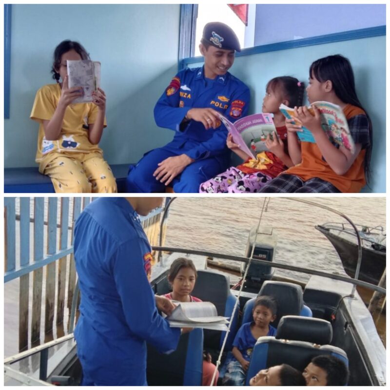 Anak-anak Desa Palangkau memanfaatkan waktu libur dengan kunjungan edukatif ke Mako Perwakilan Palangkau Lama Ditpolairud Polda Kalteng, Kamis, 29 Januari 2026.(ist/Ditpolairud Polda Kalteng)