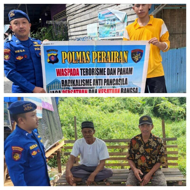 Personel Ditpolairud Polda Kalteng di DAS Kahayan, melaksanakan Polmas ke masyarakat sekitar dengan mengimbau dan mengedukasi tentang bahaya paham terorisme dan radikalisme anti Pancasila, Selasa, 19 Februari 2026.(foto : Ditpolairud Polda Kalteng)