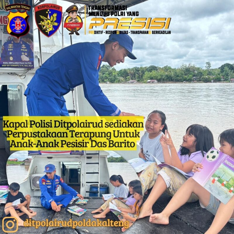 Perpustakaan Terapung Ditpolairud Polda Kalteng menjadi tempat meningkatkan literasi dan mencerdaskan anak-anak wilayah pesisir dan perairan, Rabu, 25 Februari 2026.(ist/Ditpolairud Polda Kalteng)