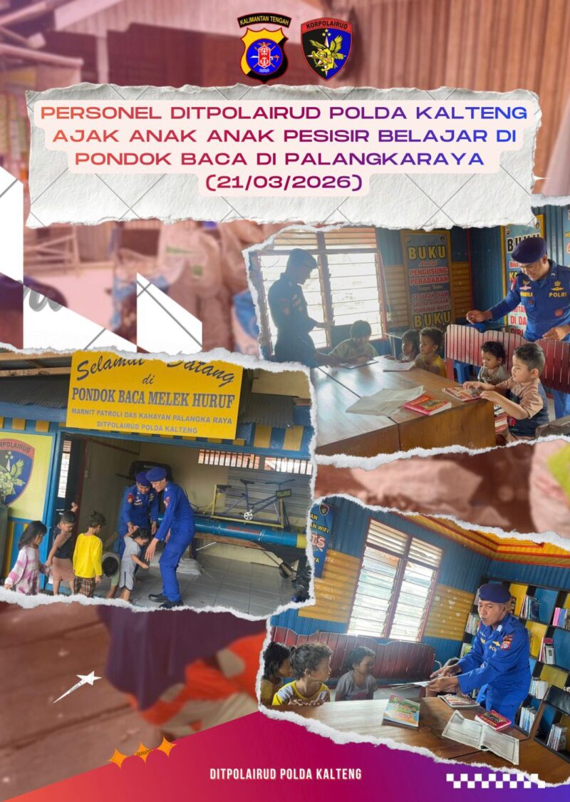 Anggota Ditpolairud Polda Kalteng membimbing anak-anak pesisir membaca buku di Pondok Baca, Sabtu, 21 Maret 2026.(foto Ditpolairud Polda Kalteng)