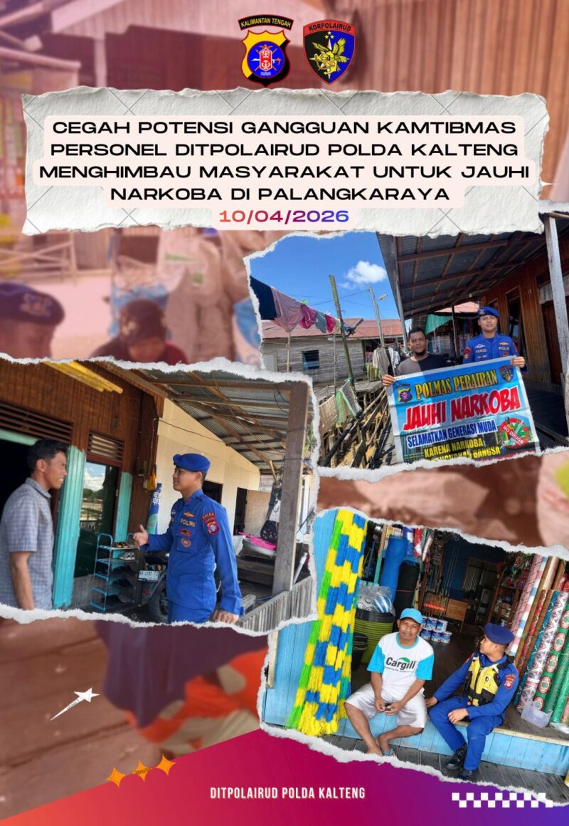 Mencegah segala bentuk gangguan kamtibmas, anggota Ditpolairud Polda Kalteng mengimbau masyarakat DAS Kahayan di Palangkaraya menjauhi narkoba, Jumat, 10 April 2026.(Ist/Ditpolairud Polda Kalteng) 