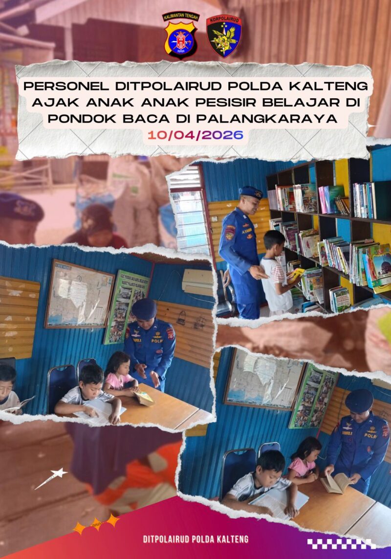 Personel Ditpolairud Polda Kalteng  mengajak anak-anak pesisir membaca buku dan menimba ilmu di Mako Palangkaraya, Rabu, 15 April, 2026.(Foto Ditpolairud Polda Kalteng) 