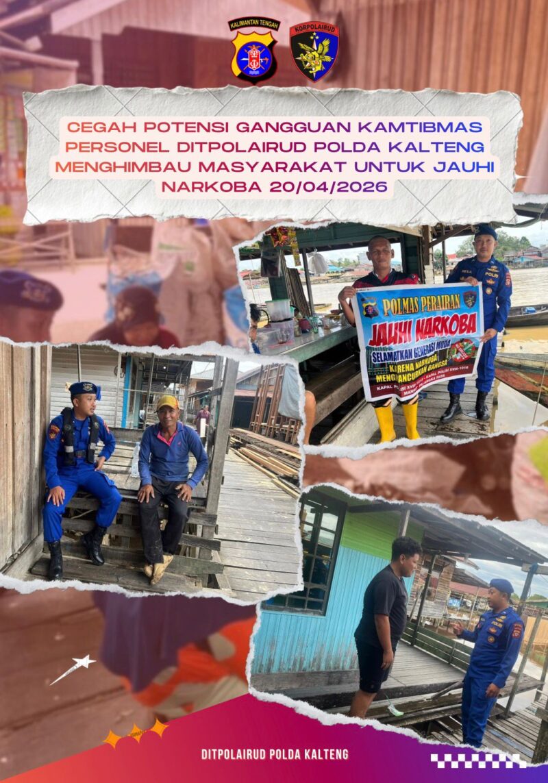 Personel Ditpolairud Polda Kalteng mengimbau masyarakat DAS Kahayan, Palangkaraya, menjauhi narkoba, Senin, 20 April 2026.(Foto Ditpolairud Polda Kalteng) 