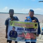Anggota Ditpolairud Polda Kalteng Kapal Polisi XVIII-1006 DAS Katingan, mengedukasi dan mengimbau  masyarakat pesisir memerangi narkoba di Desa Pegatan, Kabupaten Katingan, Kamis, 7 Mei 2026 pagi.(Ist/Ditpolairud Polda Kalteng) 