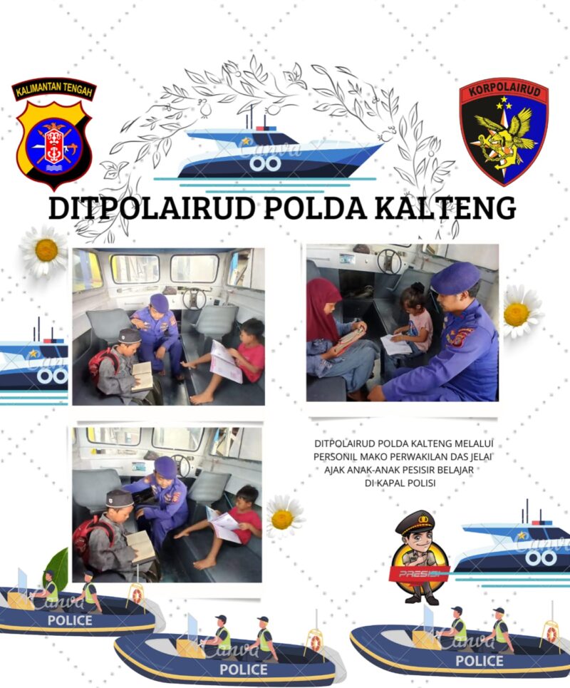 Personel Mako Perwakilan DAS Jelai Ditpolairud Polda Kalteng, mengajak anak-anak pesisir belajar dan membaca di perpustakaan terapung, Senin, 11 Mei 2026.(Foto Ditpolairud Polda Kalteng) 
‎
