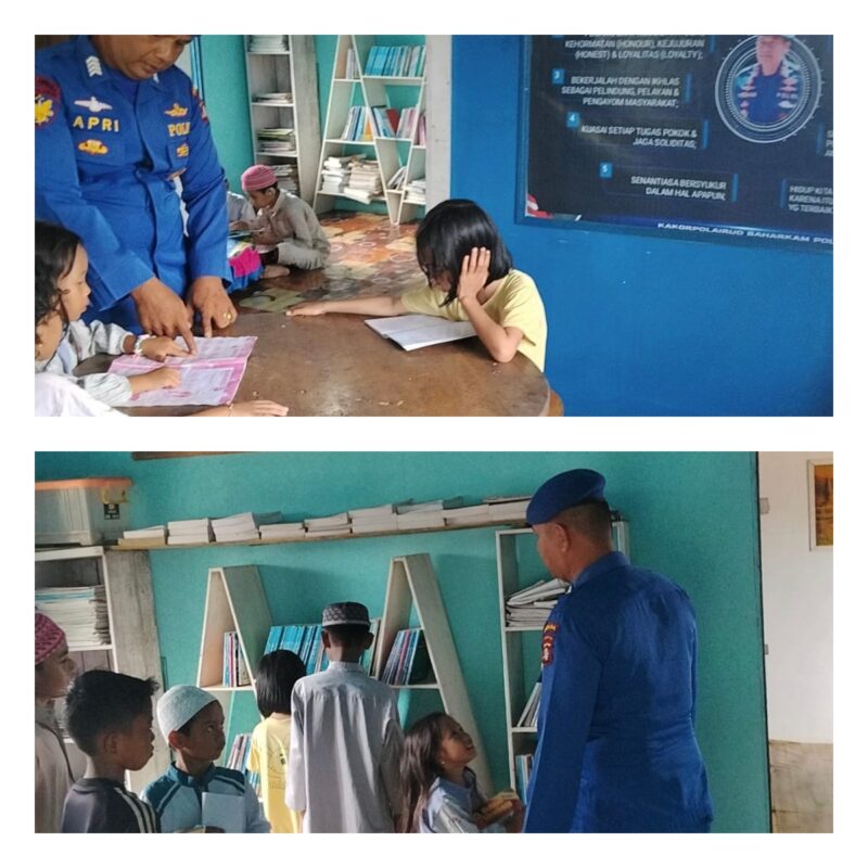 Anak-anak DAS Kahayan Bahaur antusias membaca buku di Pondok Baca Melek Huruf Mako Perwakilan Ditpolairud Polda Kalteng di DAS Kahayan Bahaur, Kabupaten Pulang Pisau, Selasa, 16 Juni 2026.(Foto/Ditpolairud Polda Kalteng)