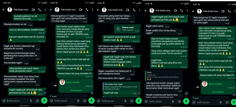 Tangkapan layar percakapan lewat aplikasi WA, oknum penipu mengaku kadisdik dan sekretaris disdik Barito Utara meminta bantuan dana kepada para pemborong.(Foto IST)