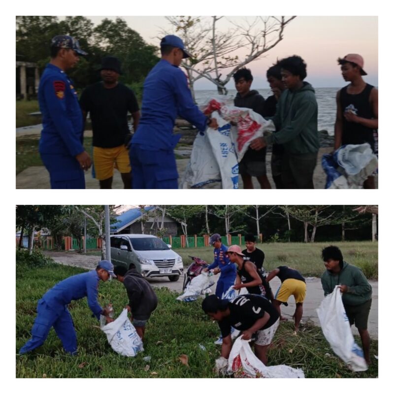 Petugas Ditpolairud Polda Kalteng Mako Perwakilan DAS  Jelai bersama masyarakat melaksanakan bakti sosial membersihkan sampah ratusan Kilo Gram di sekitar Pantai Jelai, Sabtu, 25 Juli 2026.(Foto/Ditpolaitud Polda Kalteng Mako Perwakilan Jelai) 
‎
