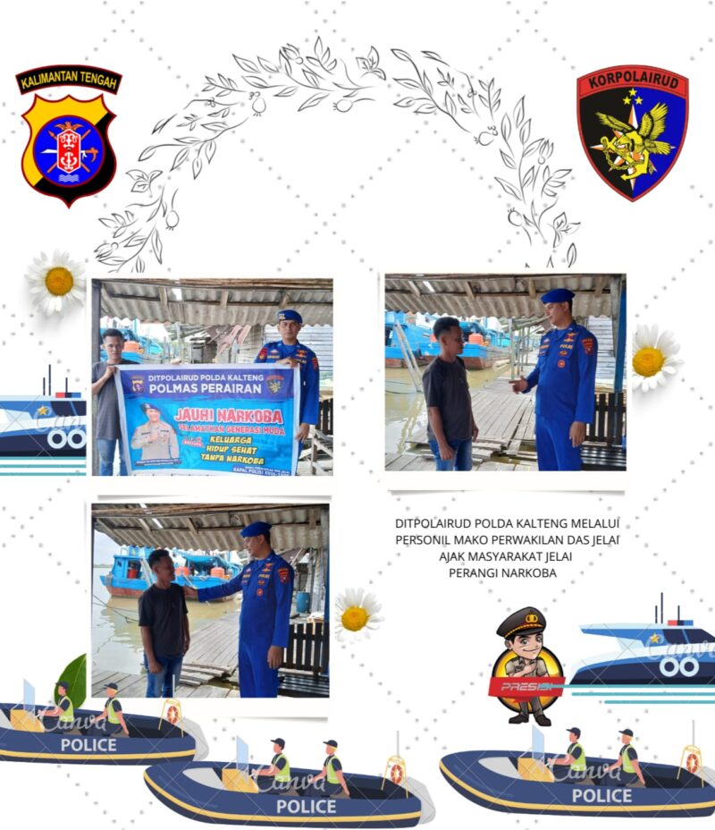 Ditpolairud Polda Kalteng melalui personel Mako Perwakilan DAS Jelai mengajak masyarakat setempat memerangi narkoba, karena dapat menghancurkan generasi bangsa dan menjadi racun bagi masyarakat, Rabu, 15 Juli 2026.(Foto/Mako Perwakilan DAS Kuala Jelai Ditpolairud Polda Kalteng)