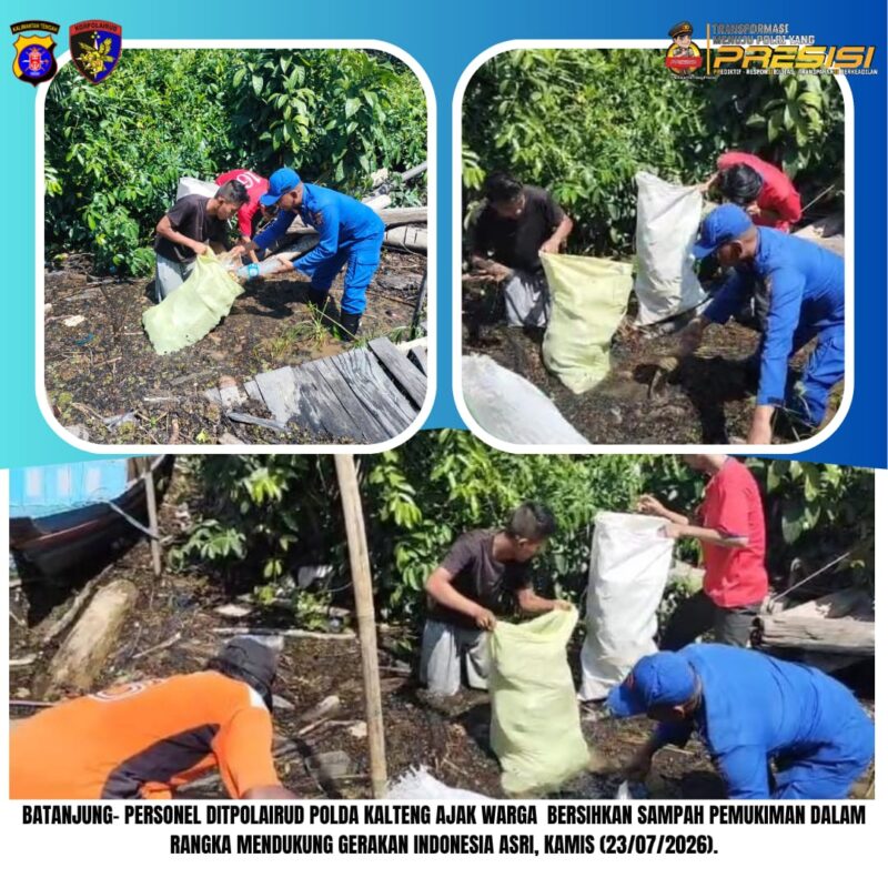 Anggota Ditpolairud Mako Perwakilan Batanjung bersama warga melakukan kerja bakti membersihkan lingkungan permukiman di Desa Batanjung, Kecamatan Kapuas Kuala, Kabupaten Kapuas, Kamis, 23 Juli 2026).(Foto/Dok Mako Perwakilan Batanjung Ditpolairud Polda Kalteng)