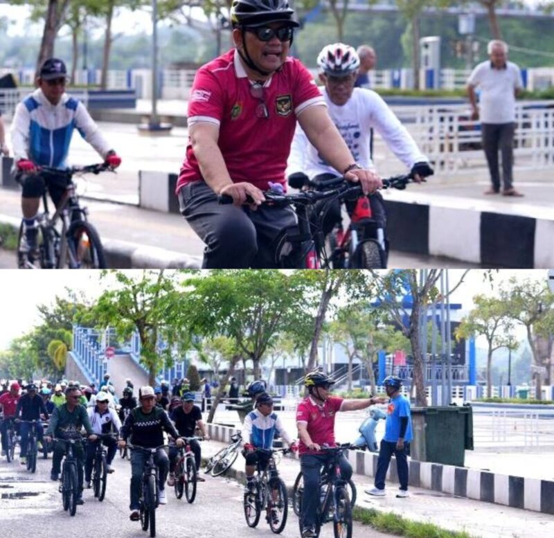 Bupati Barito Utara Shalahuddin didampingi sekda, kepala OPD lingkup Pemkab, dan masyarakat melaksanakan gowes bersama pada pagi Minggu, 19 April 2026 pagi.(Foto : Dok)