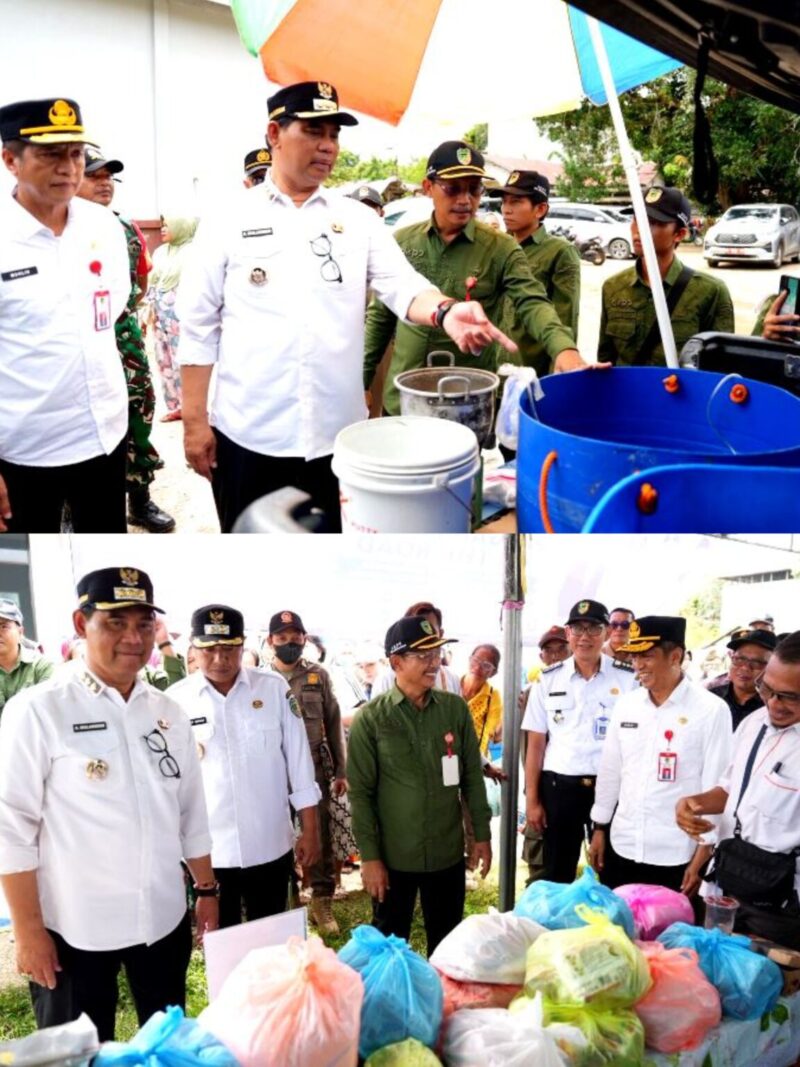 Bupati Barito Utara Shalahuddin didampingi Wabup Felix SY. Tingan dan Sekda Muhlis, meninjau Gerakan Pangan Murah On The Road di Desa Kandui, Kecamatan Gunung Timang, Rabu, 20 Mei 2026.(Foto/ Diskominfosandi Barito Utara)