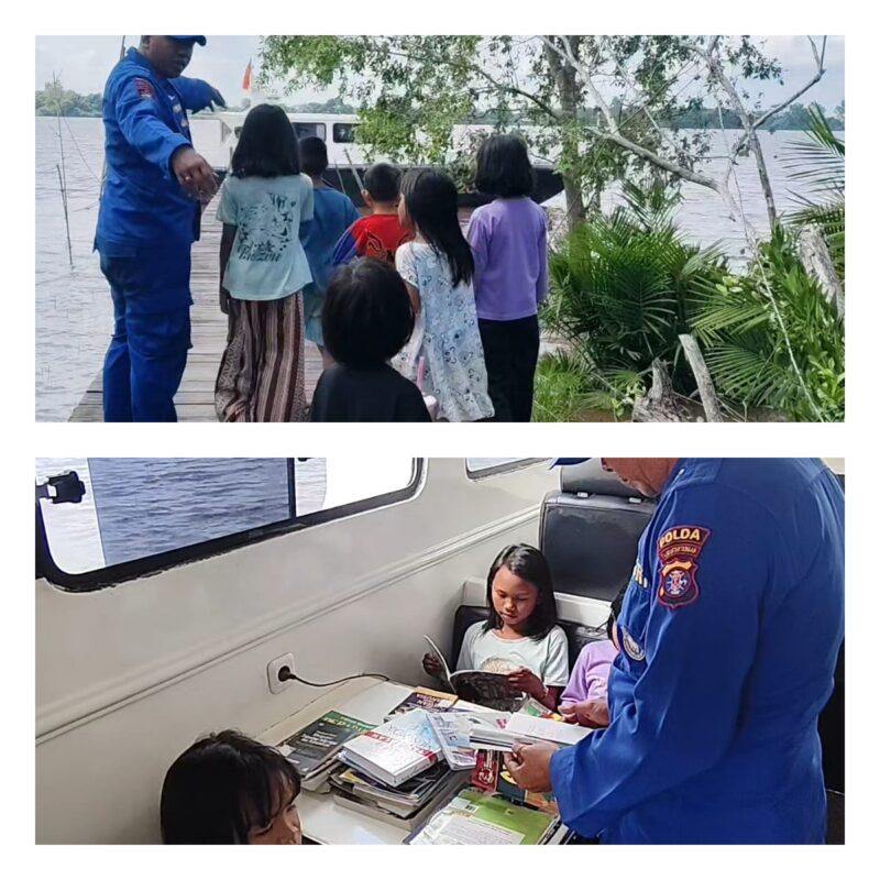 Ditpolairud Polda Kalteng Kapal Polisi XVIII-2006 disulap menjadi perpustakaan terapung. Ini mendukung pendidikan anak-anak yang berada di DAS Mentaya Desa Bapanggang Raya, Kabupaten Kotawaringin Timur, Minggu, 2 Agustus 2026.(Foto/KP XVIII-2006 Ditpolairud Polda Kalteng)