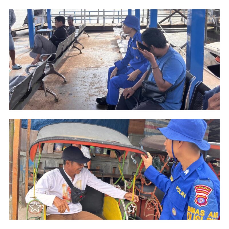 Ditpolairud Polda Kalteng melalui petugas Kapal Polisi KP XVIII-2001, menyampaikan pesan-pesan kamtibmas kepada masyarakat pesisir di Kelurahan Buntok Kota, Kabupaten Barito Selatan, Sabtu, 29 Agustus 2026 pagi.(Foto/Ditpolairud Polda Kalteng KP XVIII-2001)