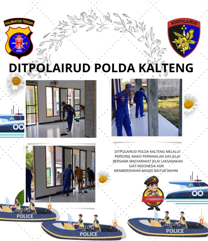 Personel Ditpolairud Polda Kalteng Mako Perwakilan DAS Jelai bersama warga menggelar aksi gotong-royong membersihkan Masjid Baitur Rahim di RT 06, Kecamatan Jelai, Kabupaten Sukamara, Selasa, 4 Agustus 2026.(Foto/Ditpolairud Polda Kalteng Mako Perwakilan DAS Jelai) 