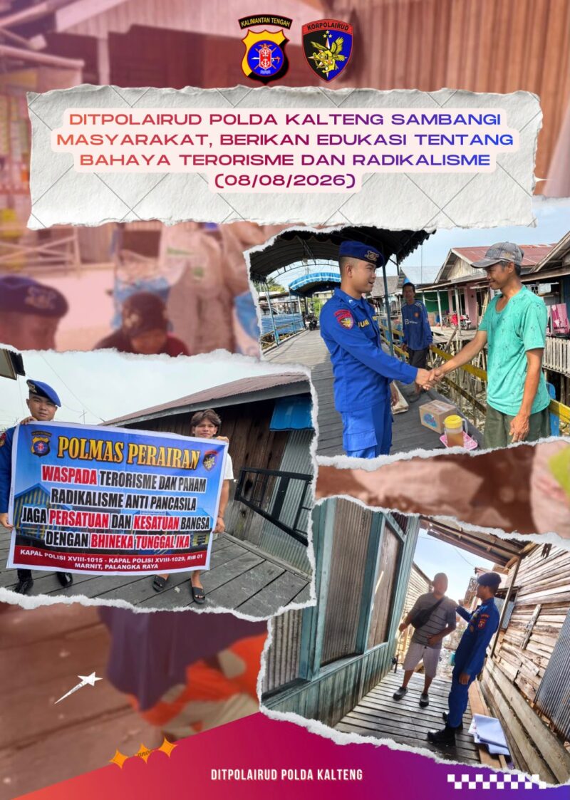 Personel Ditpolairud Polda Kalteng Marnit Palangkaraya  melaksanakan sambang ke masyarakat sekitar, mengimbau  dan mengedukasi tentang pentingnya waspada terhadap terorisme dan radikalisme anti Pancasila di Pesisir DAS Kahayan, Sabtu, 8 Agustus 2026.(Foto/Ditpolairud Polda Kalteng Marnit Palangkaraya) 