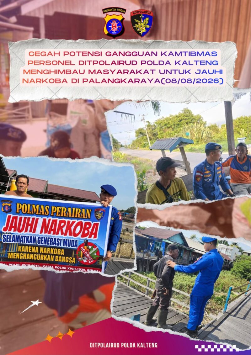 Mencegah potensi gangguan kamtibmas, personel Ditpolairud Polda Kalteng mengimbau masyarakat menjauhi narkoba di Palangkaraya, Kamis, 13 Agustus  2026.(Foto/Ditpolairud Polda Kalteng) 