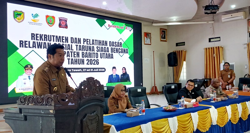 Wakil Bupati Barito Utara Felix SY. Tingan membuka Rekrutmen dan Latihan Dasar (Latsar) Relawan Sosial Taruna Siaga Bencana (TAGANA) tahun 2026 di Aula Bappedarida, Muara Teweh, Selasa, 28 Juli 2026. (Abram/Tegaklurus.net)