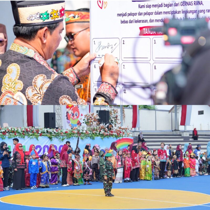 Bupati Barito Utara Shalahuddin mendeklarasikan Gerakan Nasional Ruang Aman dan Nyaman Anak (GERNAS RANA) pada peringatan Hari Anak Nasional ke-42 di Arena Tiara Batara, Muara Teweh, Kamis, 23 Juli 2026. (Foto/Dok Diskominfosandi Barito Utara)